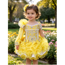 one detachble sleeve--Infant/toddler/baby/children/kids Girl's glitz Pageant evening/prom Dress/clothing 1~7T G011 Yellow