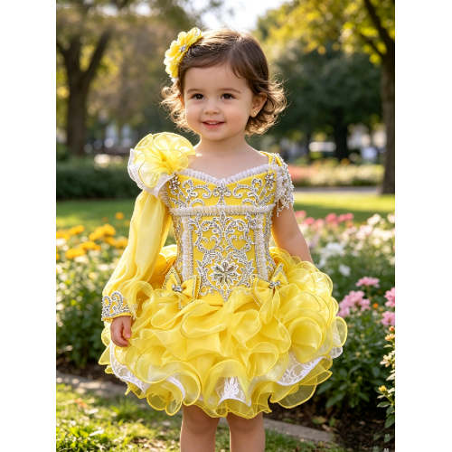 one detachble sleeve--Infant/toddler/baby/children/kids Girl's glitz Pageant evening/prom Dress/clothing 1~7T G011 Yellow