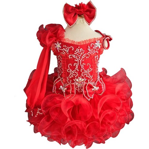 one detachble sleeve--Infant/toddler/baby/children/kids Girl's glitz Pageant evening/prom Dress/clothing 1~7T G011 RED